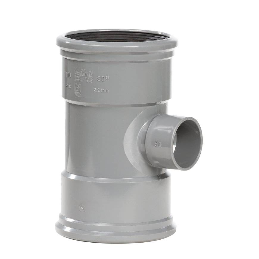 PVC verloop T-stuk 88 graden 125 x 50 mm SN4 (2 x manchet/ 1 x lijm)